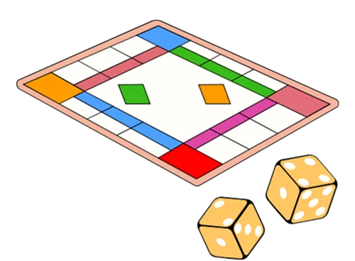 Illustratie van een klassiek bordspel met een kleurrijk speelbord en rollende dobbelstenen, die symbool staan voor bordspellen, strategie en gezelligheid met het hele gezin.