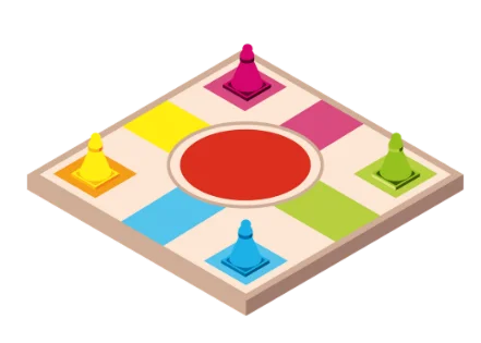 Illustratie van een eenvoudig bordspel met kleurrijke speelstukken en een speelbord, dat klassieke bordspellen voor alle leeftijden weergeeft.