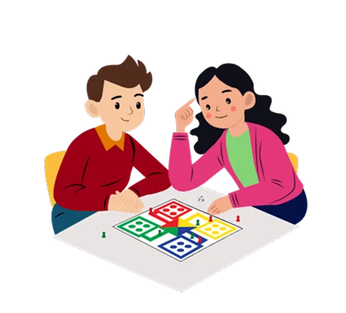 Illustratie van twee vrienden die samen genieten van een kleurrijk bordspel, als symbool voor gezellig bordspelen, plezier en familievermaak.